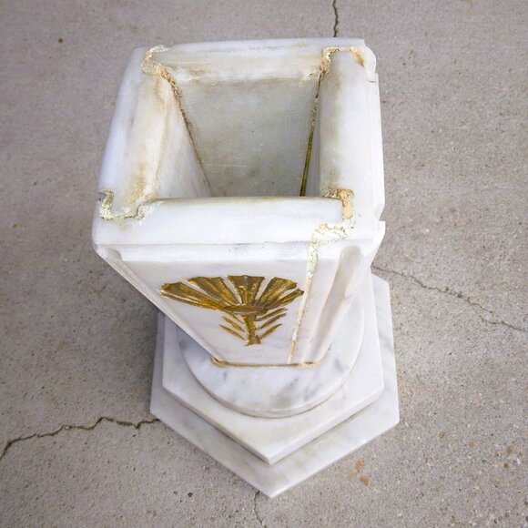 Old Antique White Marble Gold Painted Flowers Stepped Base HEAVY Urn/Vase - Picture 9 of 13